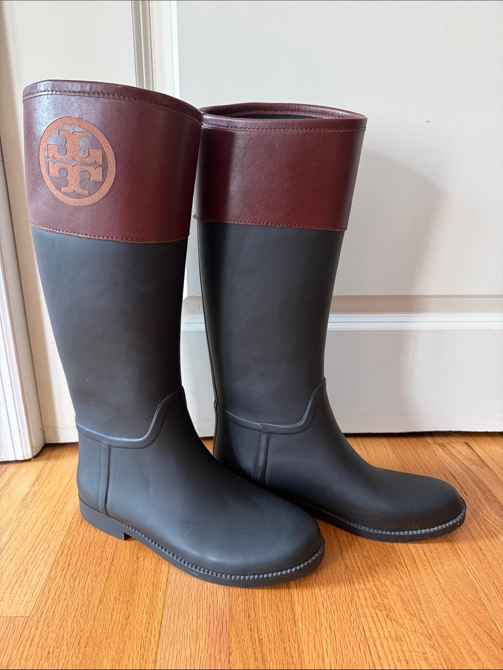 Tory Burch Two-Tone Tall Rain Boots in Black and Brown